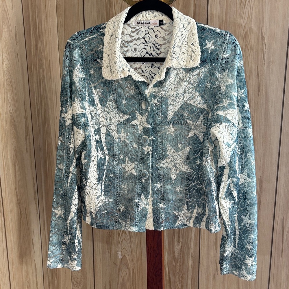 Blue and White Lace Denim Jacket